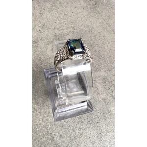 Mystic Peacock Blue Green Emerald Cut Cocktail Ring Pave Halo Band Size 7